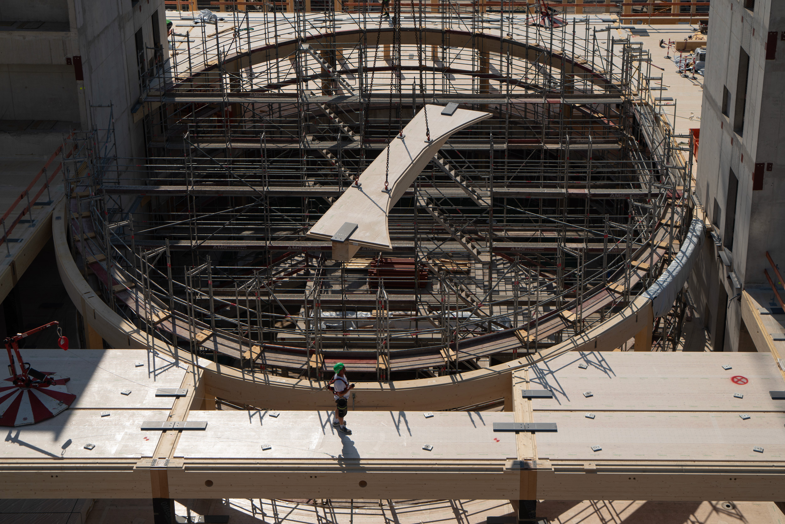Installation of a curved timber beam in the atrium of Martin Behaim Gymnasium in Nuremberg