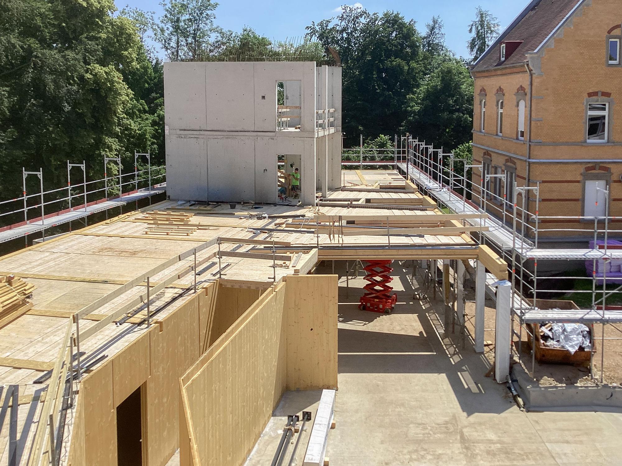 Timber construction with prefabricated timber frame and floor elements at Vocational College Riedlingen